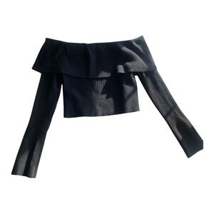 Wild Fable Women's Black Fold-over Off-Shoulder Long Sleeve Crop Top (S)